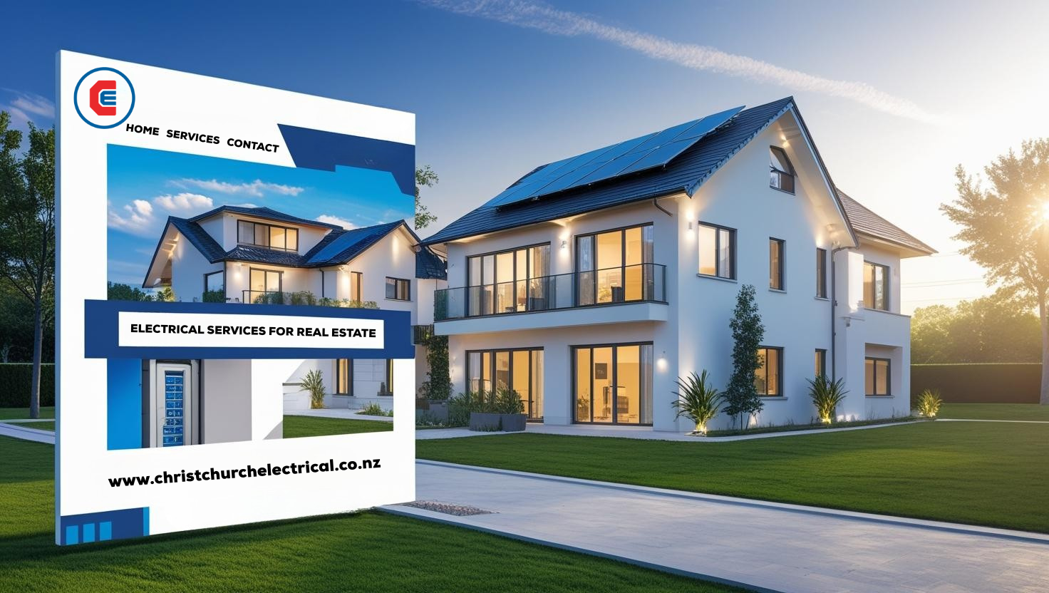 Residential two story property with webpage overlay