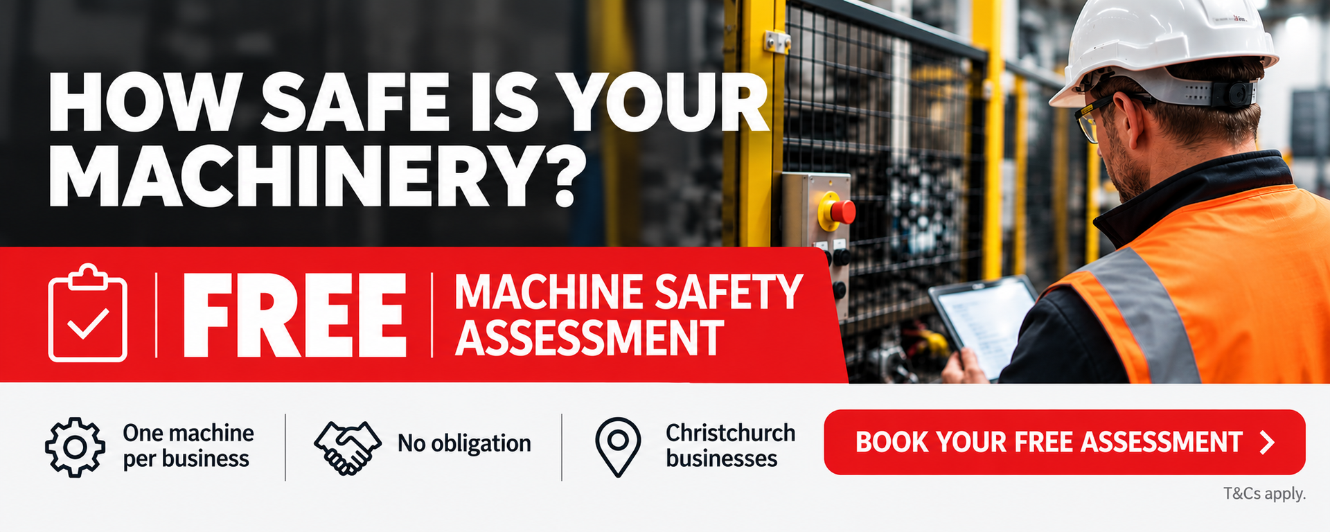 How Safe Is Your Machinery? Free Machine Safety Assessment.  Industrial Electrician with a clipboard looking at a machine.