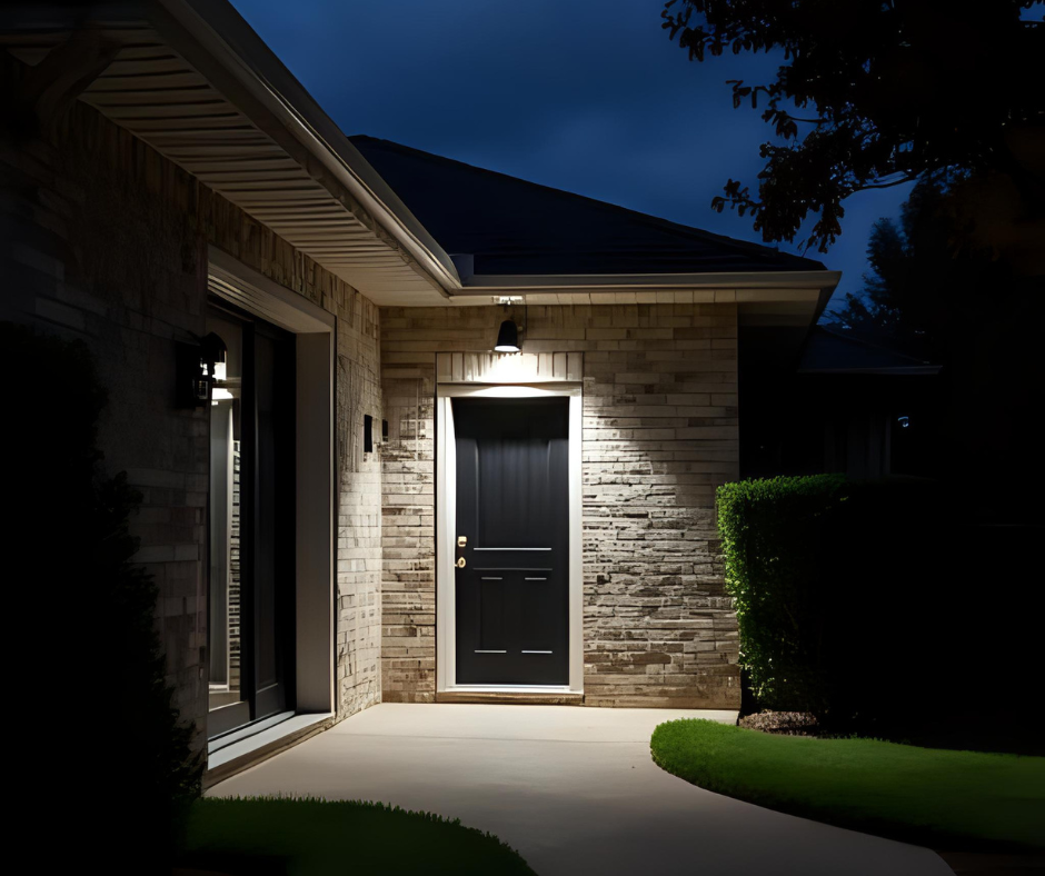 House with security lighting illuminating door and pathway