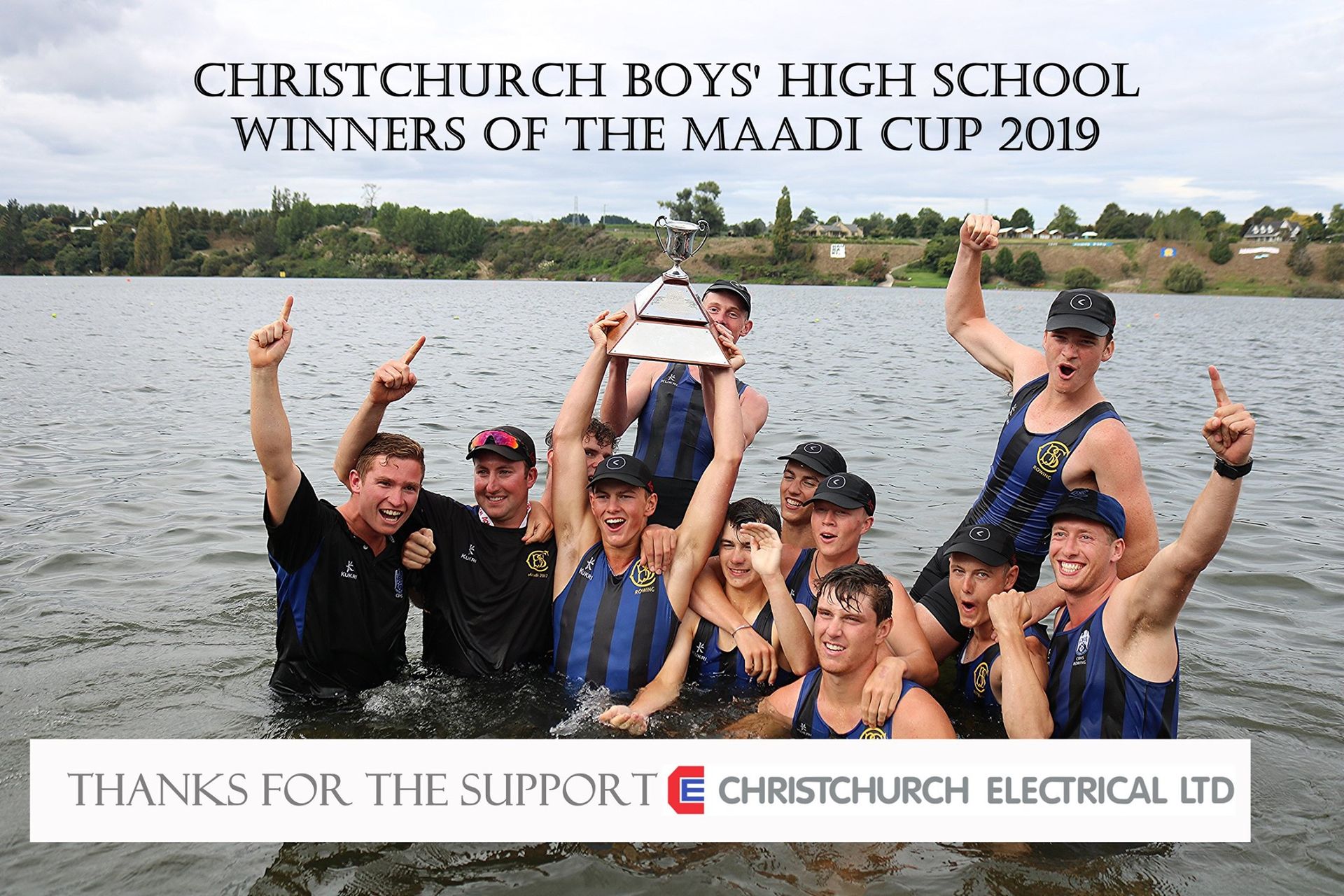 Christchurch Boy's High School Winners of the Maadi Cup 2019 in the river with cup.