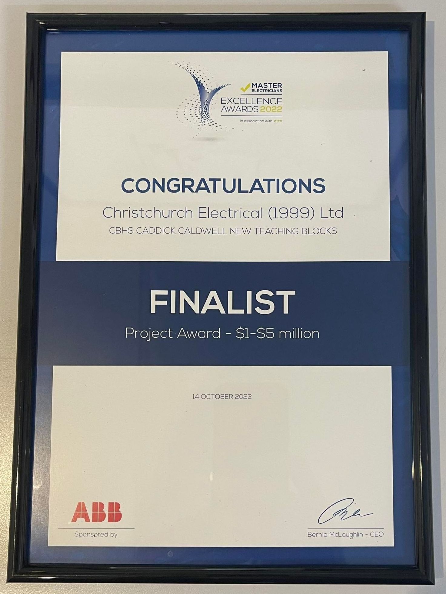 Master Electrician Excellence Awards Finalist Certificate