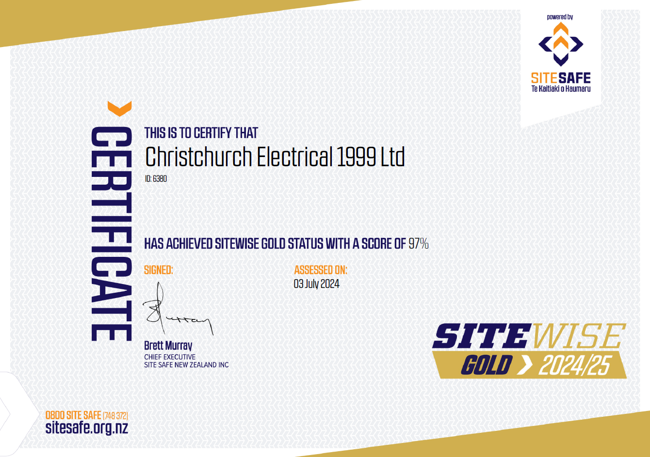 Christchurch Electrical Site Wise 2024/2025 Gold Certificate