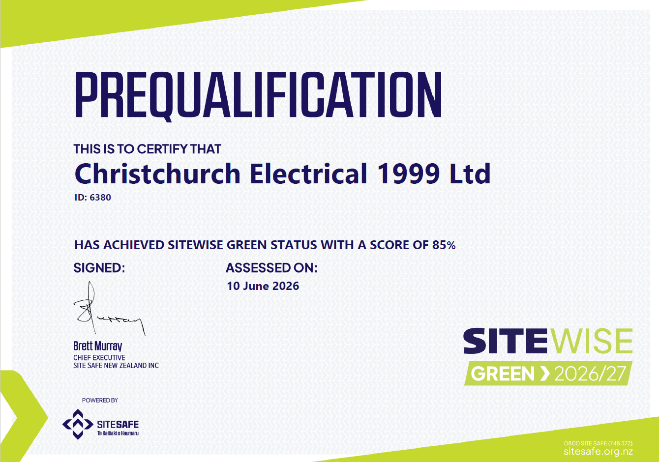 Christchurch Electrical Site Wise Green Certificate 2026/2027
