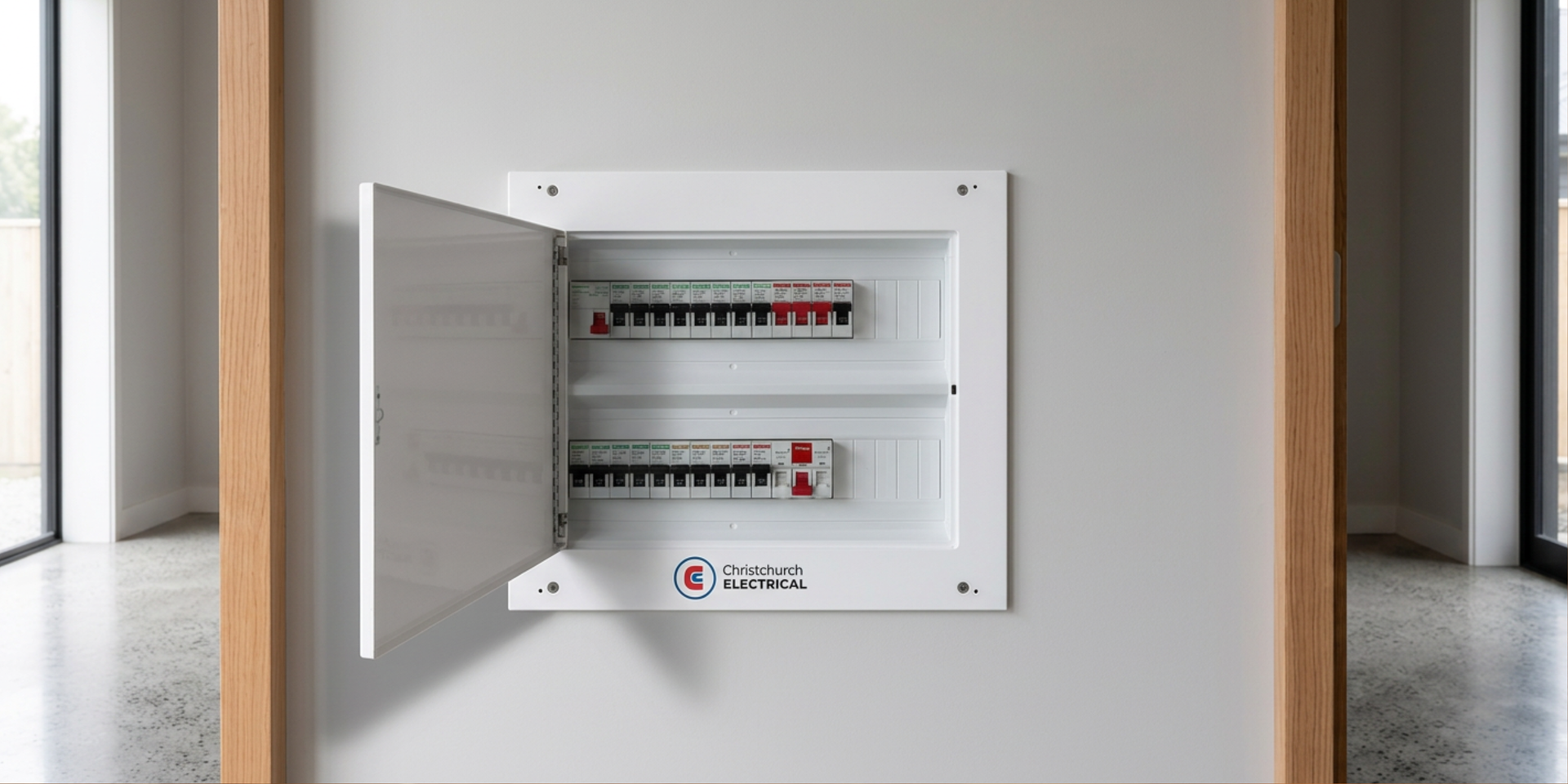 New switchboard in white cabinet installed on a blank wall with Christchurch Electrical logo.