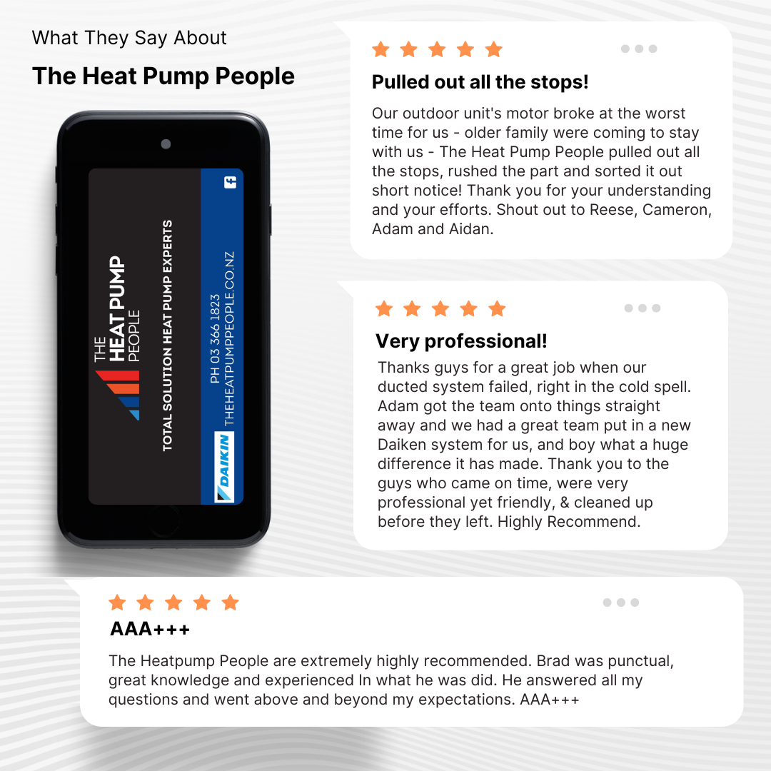 Image of a mobile phone and a number of 5 star Google reviews for The Heat Pump People.
