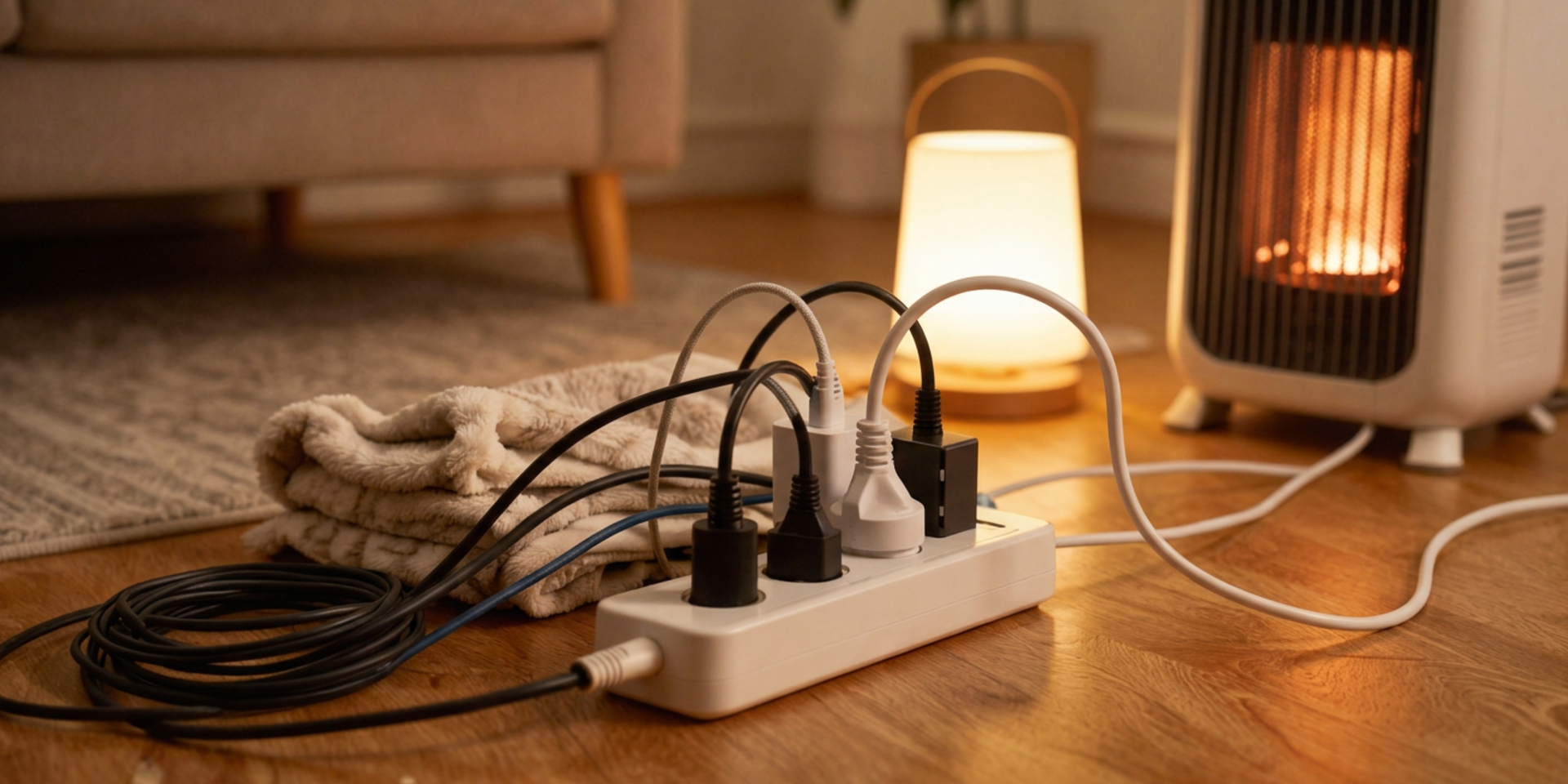 Overloaded power board next to a heater and lamp in a lounge