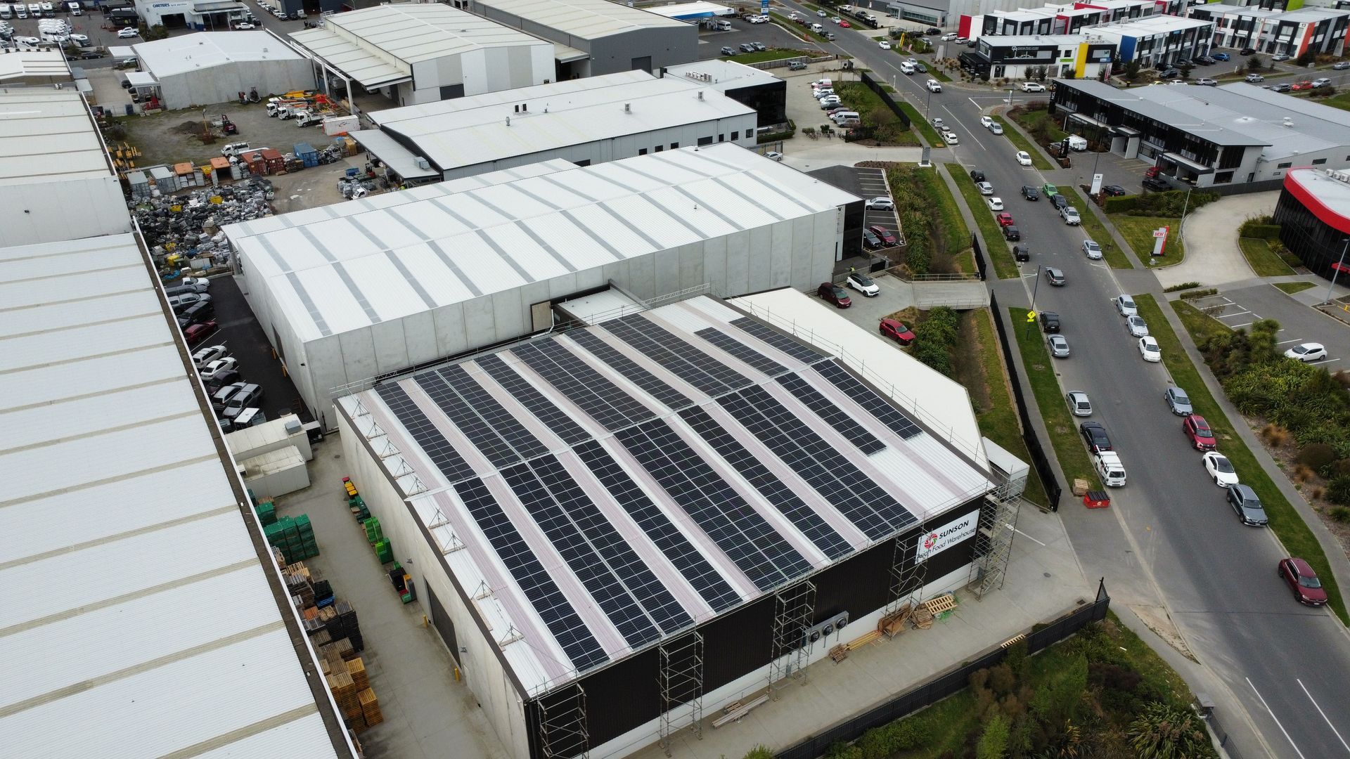 Commercial building with solar panels.