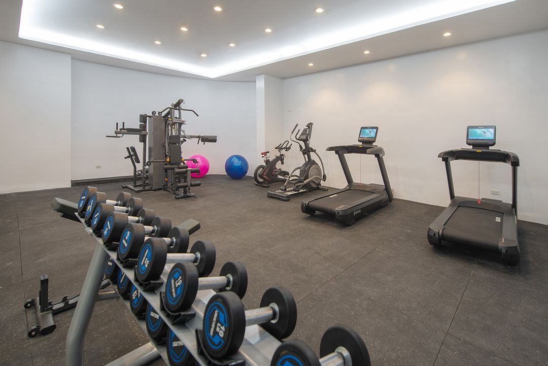 An indoor gym with a rack of dumbbells in the foreground, and cardio machines and exercise balls in the background.