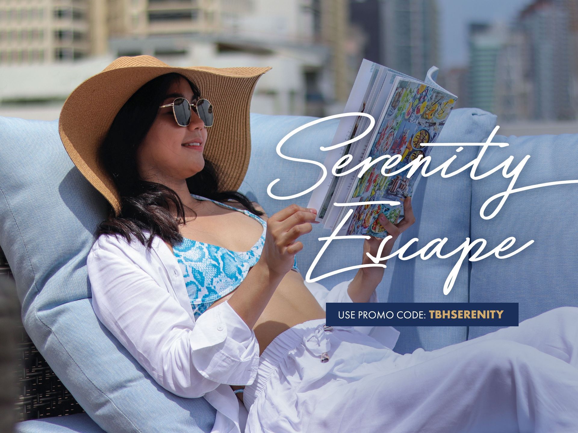 Woman reclining outdoors in a sunhat and sunglasses, reading a magazine with “Serenity Escape” text overlay