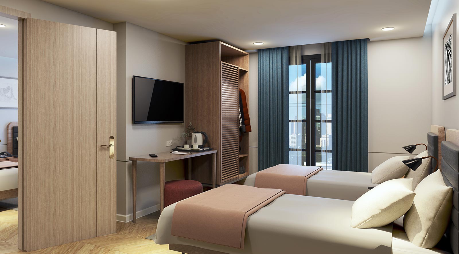 Modern bedroom with neutral tones at affordable Poblacion hotel Makati.