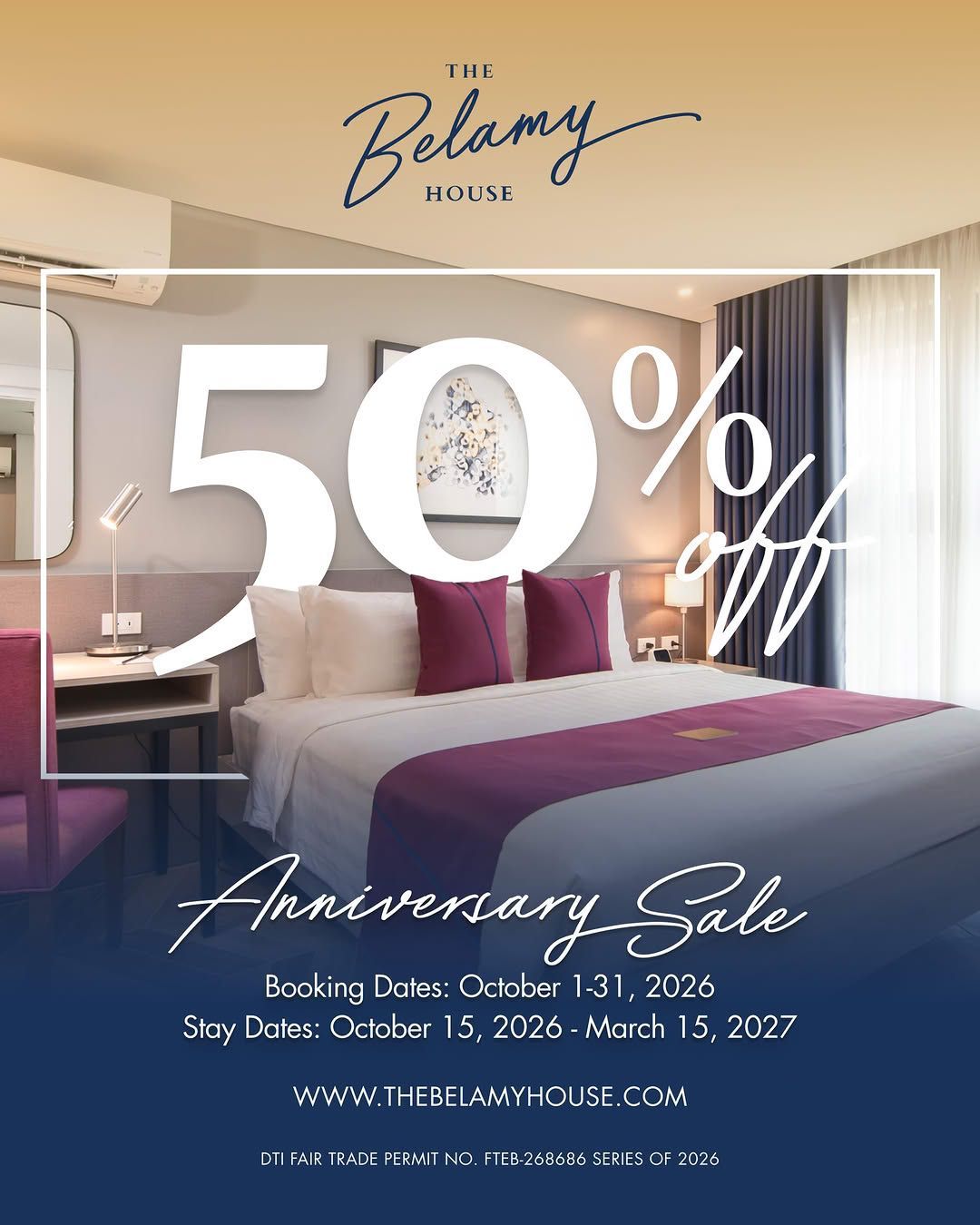 The Belamy House luxury bedroom promo with “50% off” anniversary sale text and booking details