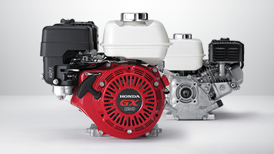 Two Honda GX series engines, one red, one silver, on a white background.