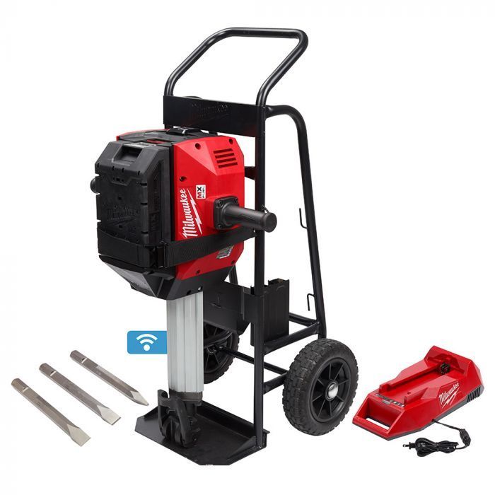 Red Milwaukee demolition hammer with cart, battery, and chisels.