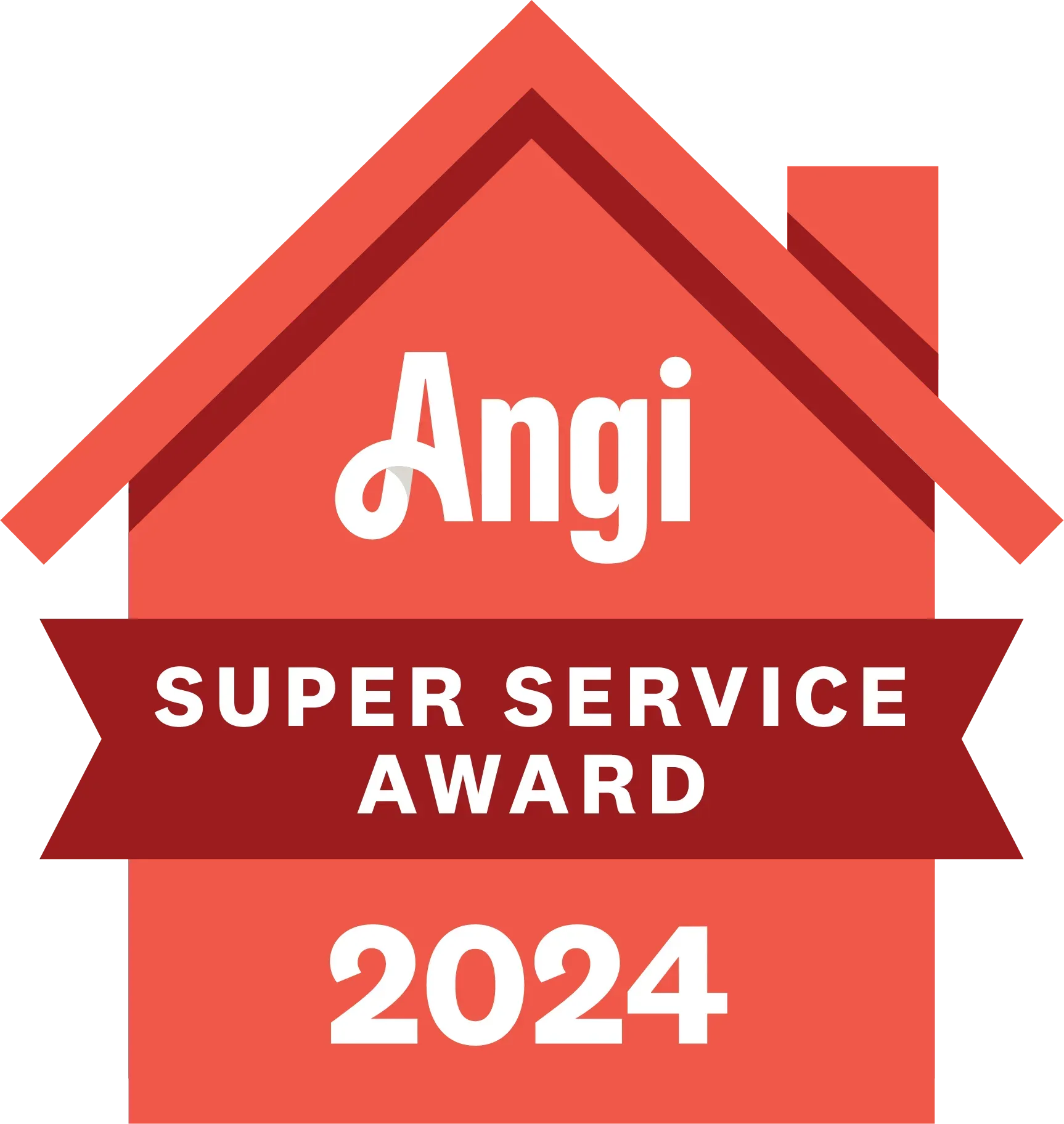 Angi Super Service Award badge, red house shape, white text, "Angi", "Super Service Award", and "2024".