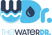 Logo for The Water Dr. featuring blue and white design, a water droplet, and text.