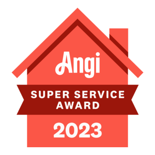 Angi Super Service Award 2023 badge featuring a red house silhouette with white text.