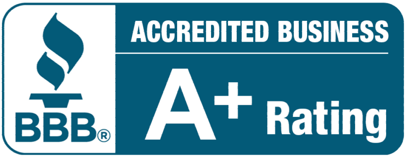 BBB Accredited Business with an A+ Rating, dark blue and white colors.
