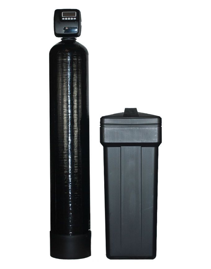 Black water softener system with tall tank and salt storage unit.
