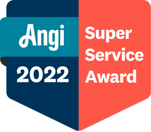 Angi Super Service Award 2022 badge with the Angi logo and text in white on a blue and red shield shape.