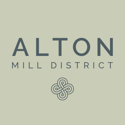 Logo for Alton Mill District: gray text on a tan background, with a stylized knot symbol below.