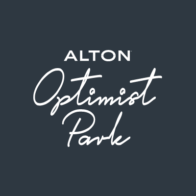 The logo for alton optimist park is on a dark blue background