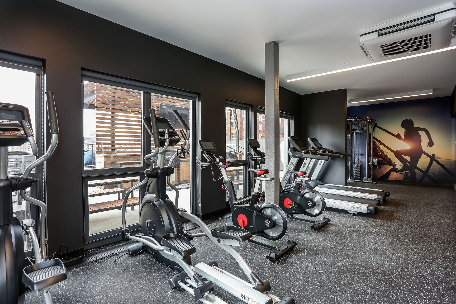 Fitness center with equipments.