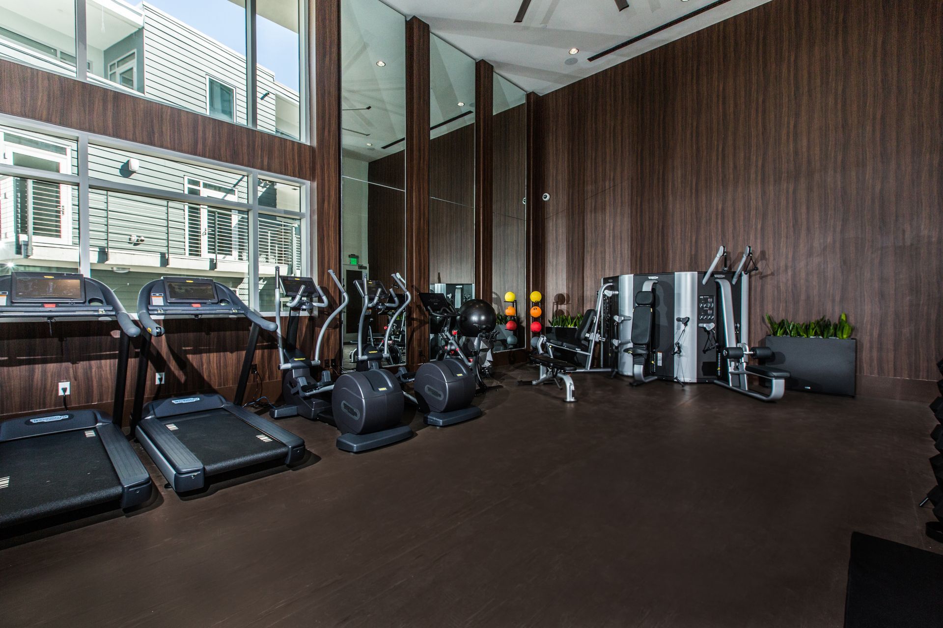 Gym with treadmills, elliptical machines, and weights. Large windows and wood-paneled walls.