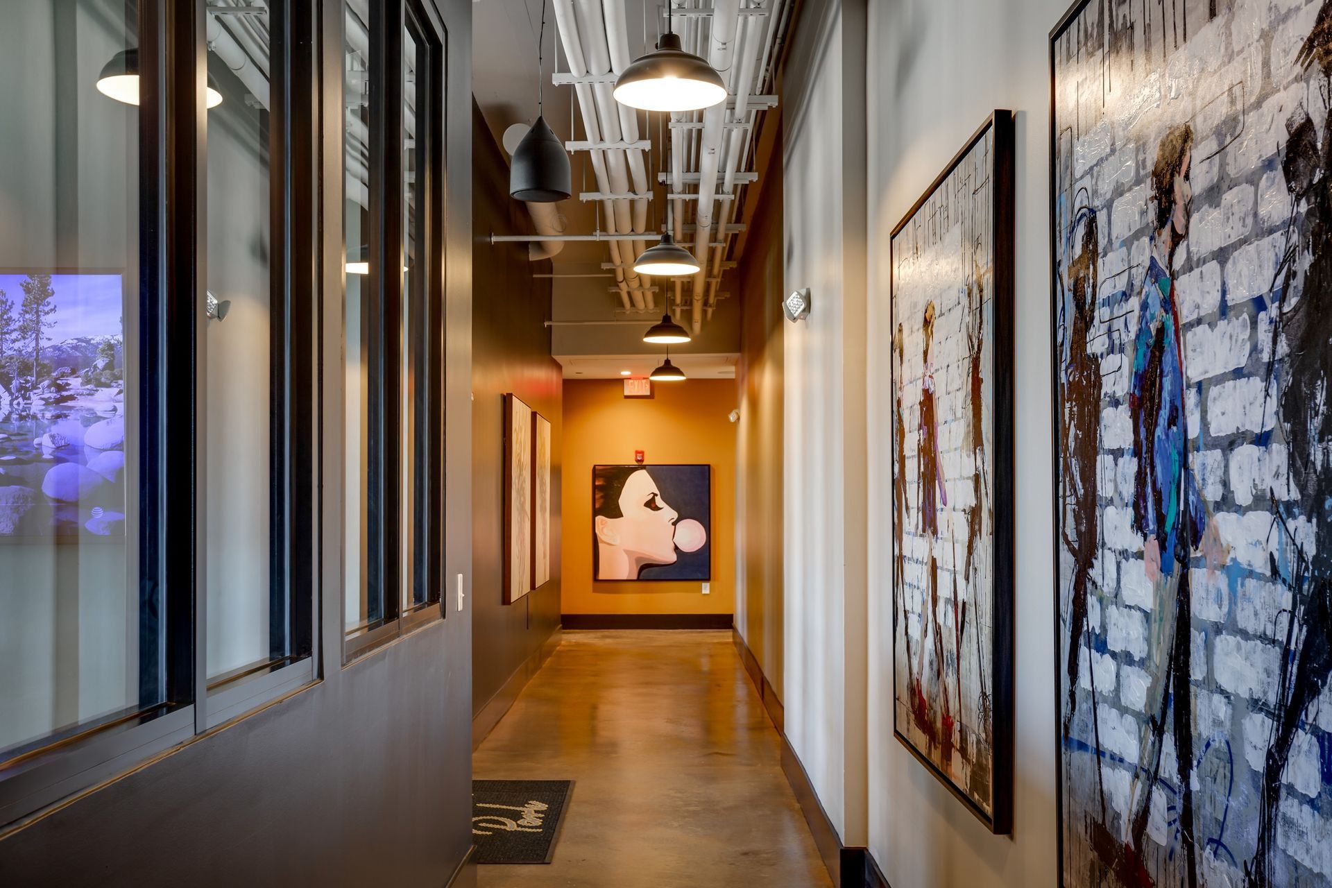 Hallway with wall art.