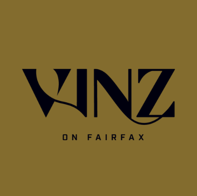 Logo for VINZ on Fairfax, with stylized black lettering against a gold background.