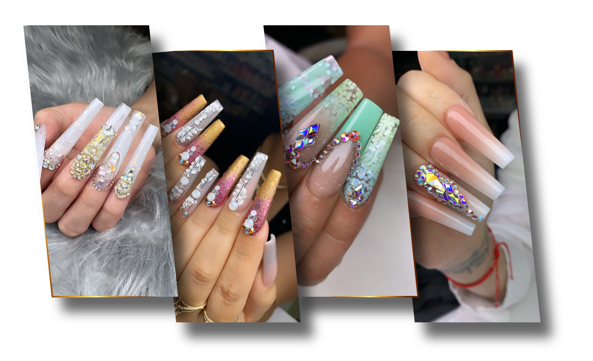 A collage of four pictures of a woman 's nails.