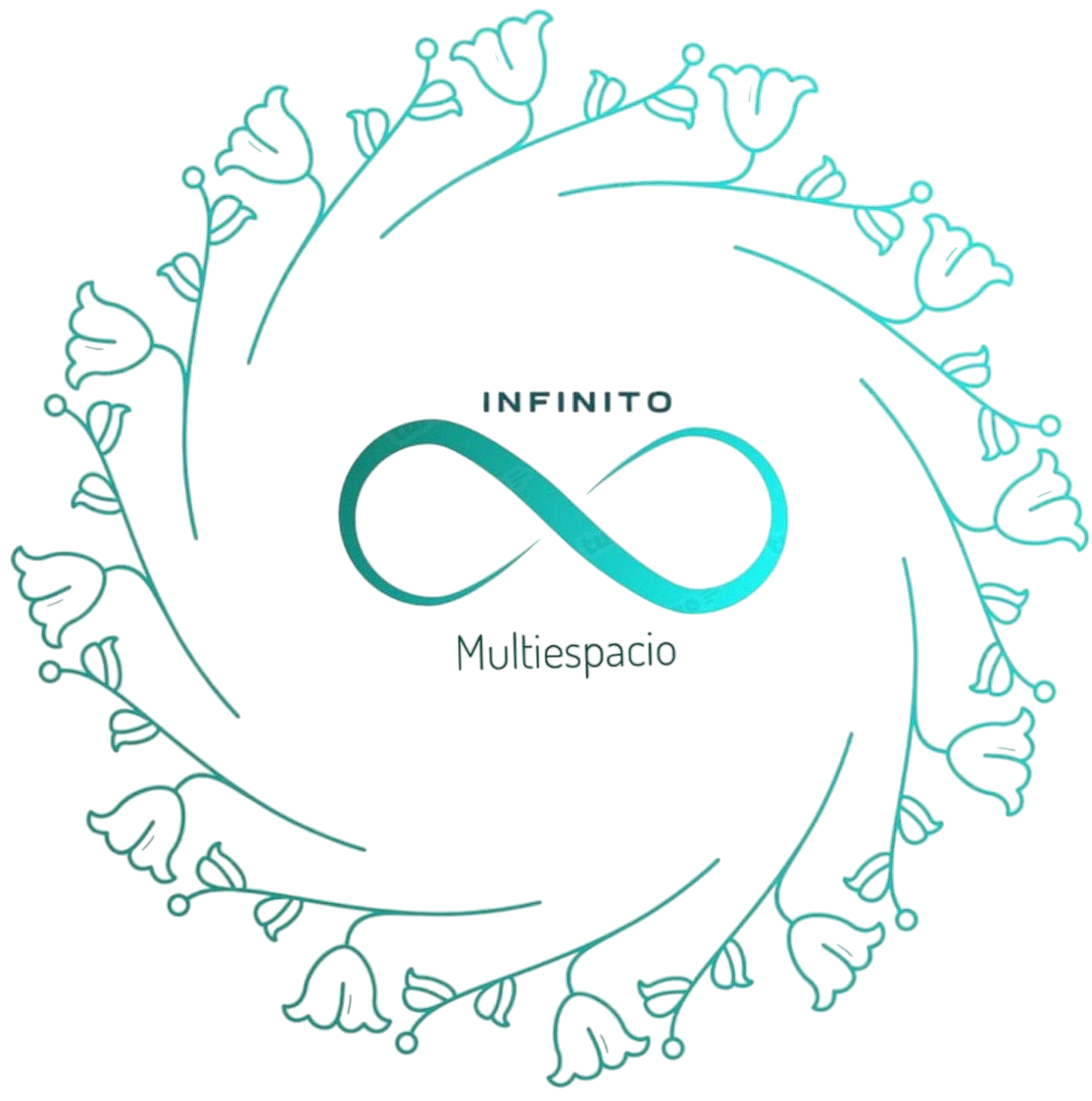 Logotipo de INFINITO Multiespacio con símbolo de infinito turquesa y corona de hojas circular de estilo lineal.