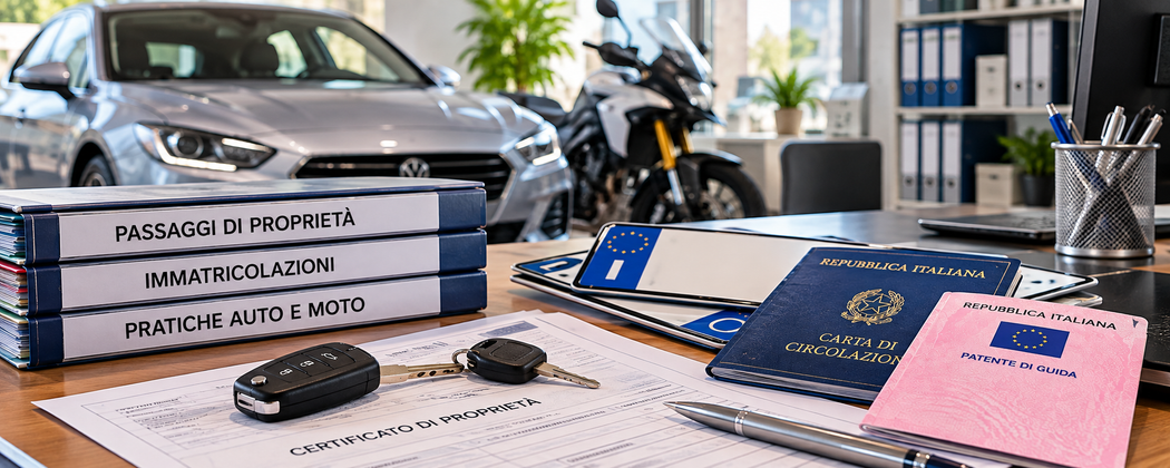 Cruscotto dell’auto e documenti di revisione con chiavi e portablocco in un ufficio d’officina