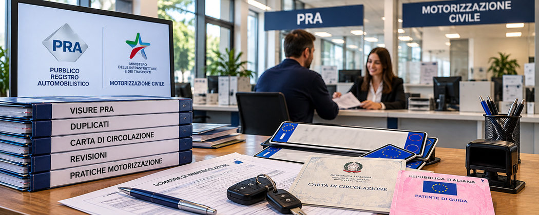 Reception del PRA con due addetti, segnaletica sul bancone, computer e articoli da ufficio in un atrio moderno