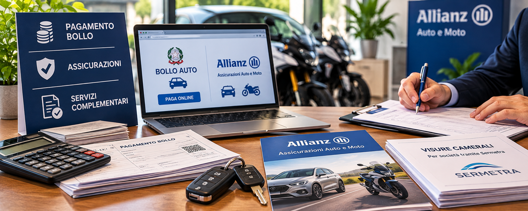 Brochure assicurative con il marchio Allianz e un laptop su una scrivania, con una persona che firma dei documenti accanto a un tablet