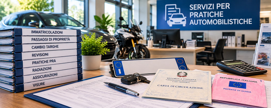 Scrivania con moduli per le pratiche automobilistiche, chiavi e un cartello blu con la scritta “Servizi per pratiche automobilistiche”
