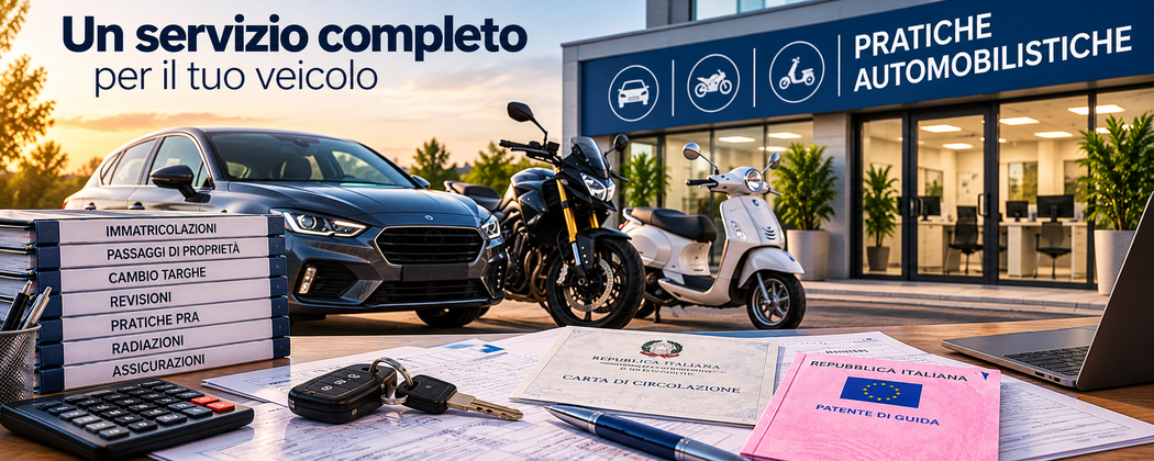 Officina auto con automobili e scooter, scrivania con documenti e insegna “Pratiche automobilistiche”