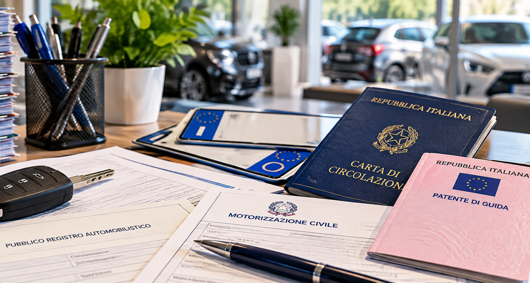 Scrivania da ufficio con passaporto, documenti, penna e laptop, che suggerisce pratiche di viaggio o una richiesta di visto