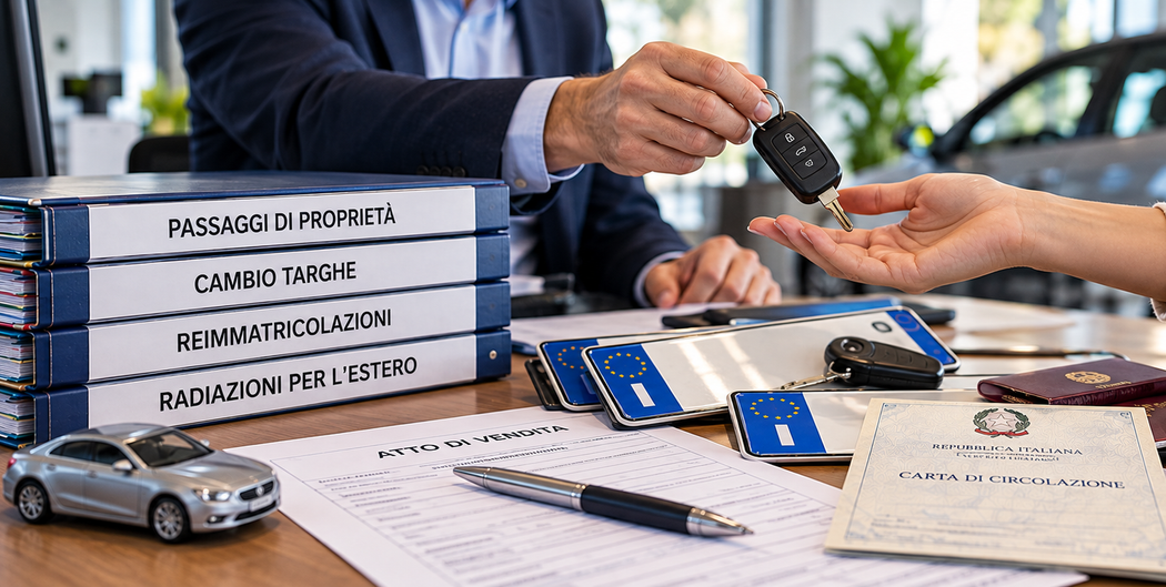 Consegna delle chiavi dell’auto a un cliente; tavolo con documenti, portachiavi e cartello per il disbrigo delle pratiche automobilistiche