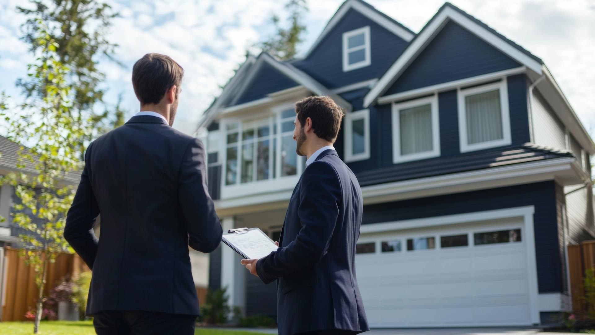 Two real estate agents discussing a blue house with a garage in a sunny suburban neighborhood