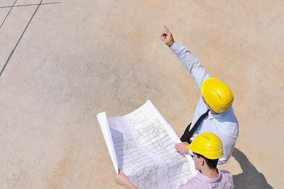Construction site with two people and an architect in a yellow hard hat examining a building under construction