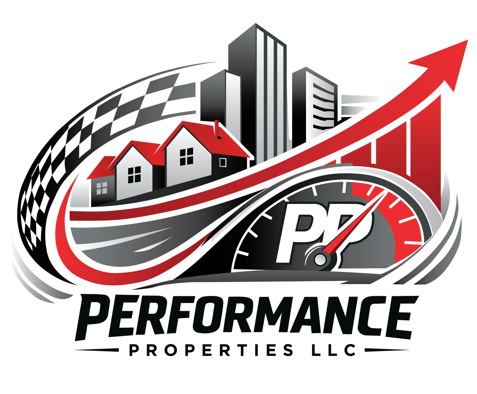 Performance Properties LLC logo with houses, skyline, red upward arrow, and black checkered swoosh