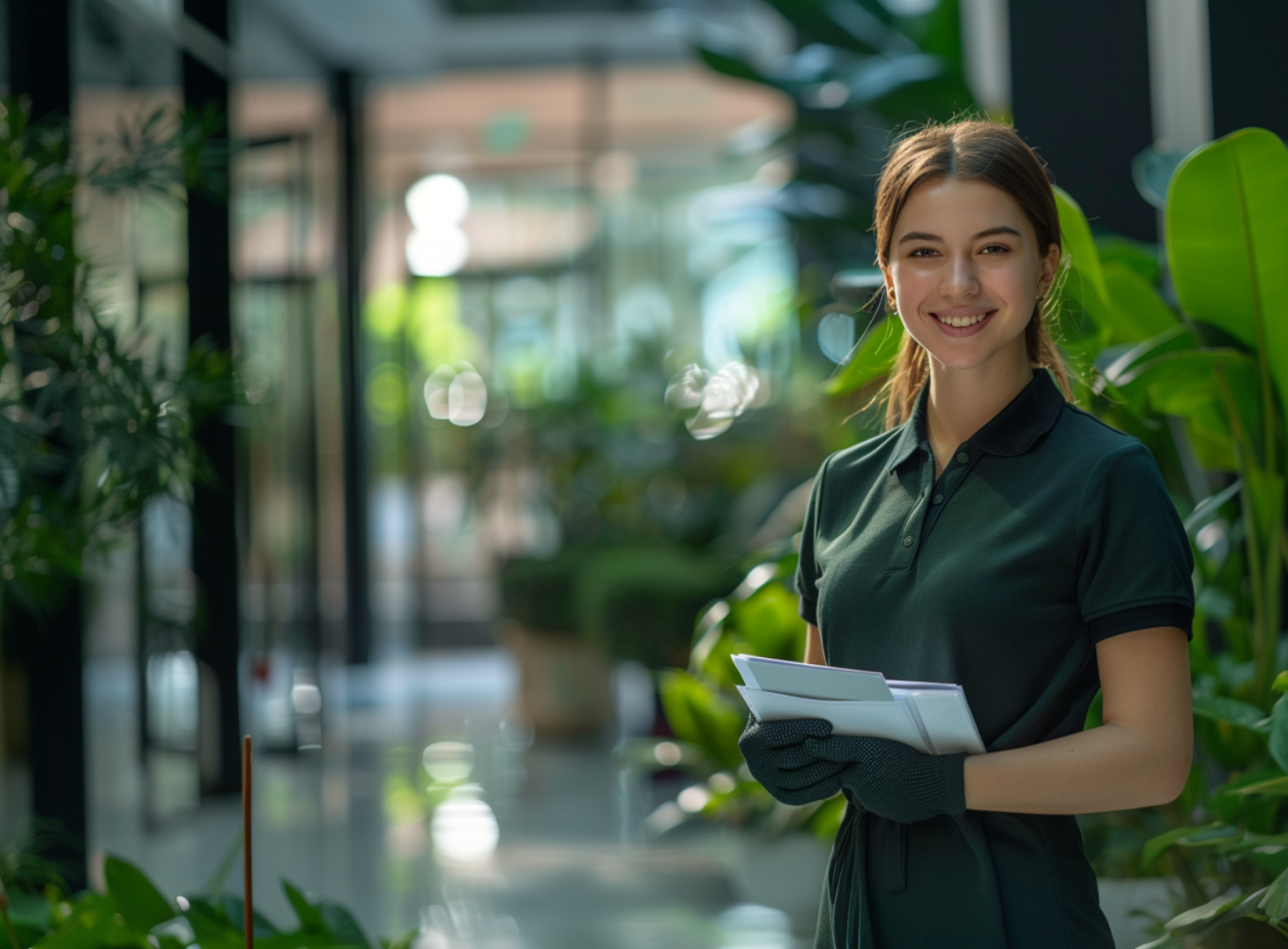Woman holding papers and smiling in a bright indoor office with lush green plants.