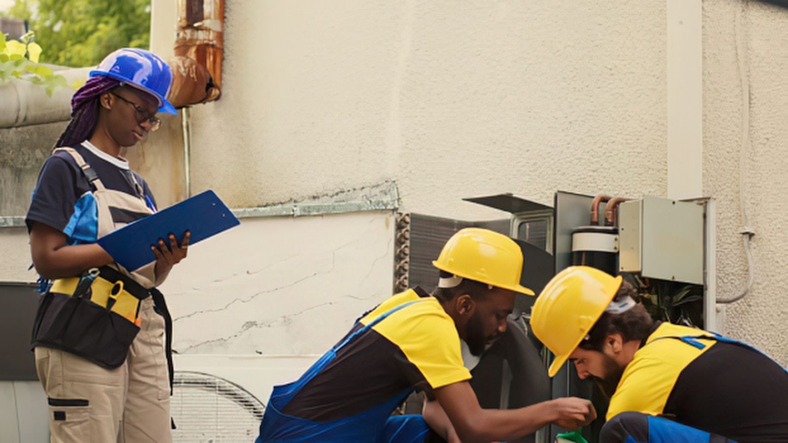 Workers in hard hats inspecting equipment beside a building wall