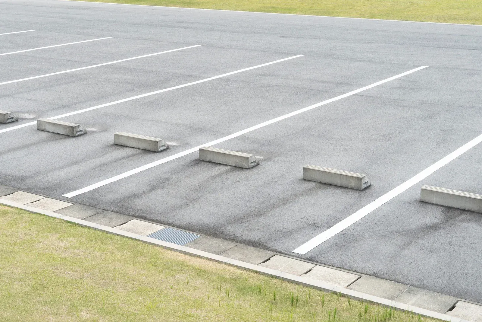 Empty parking lot with painted spaces and concrete wheel stops beside a grassy edge.