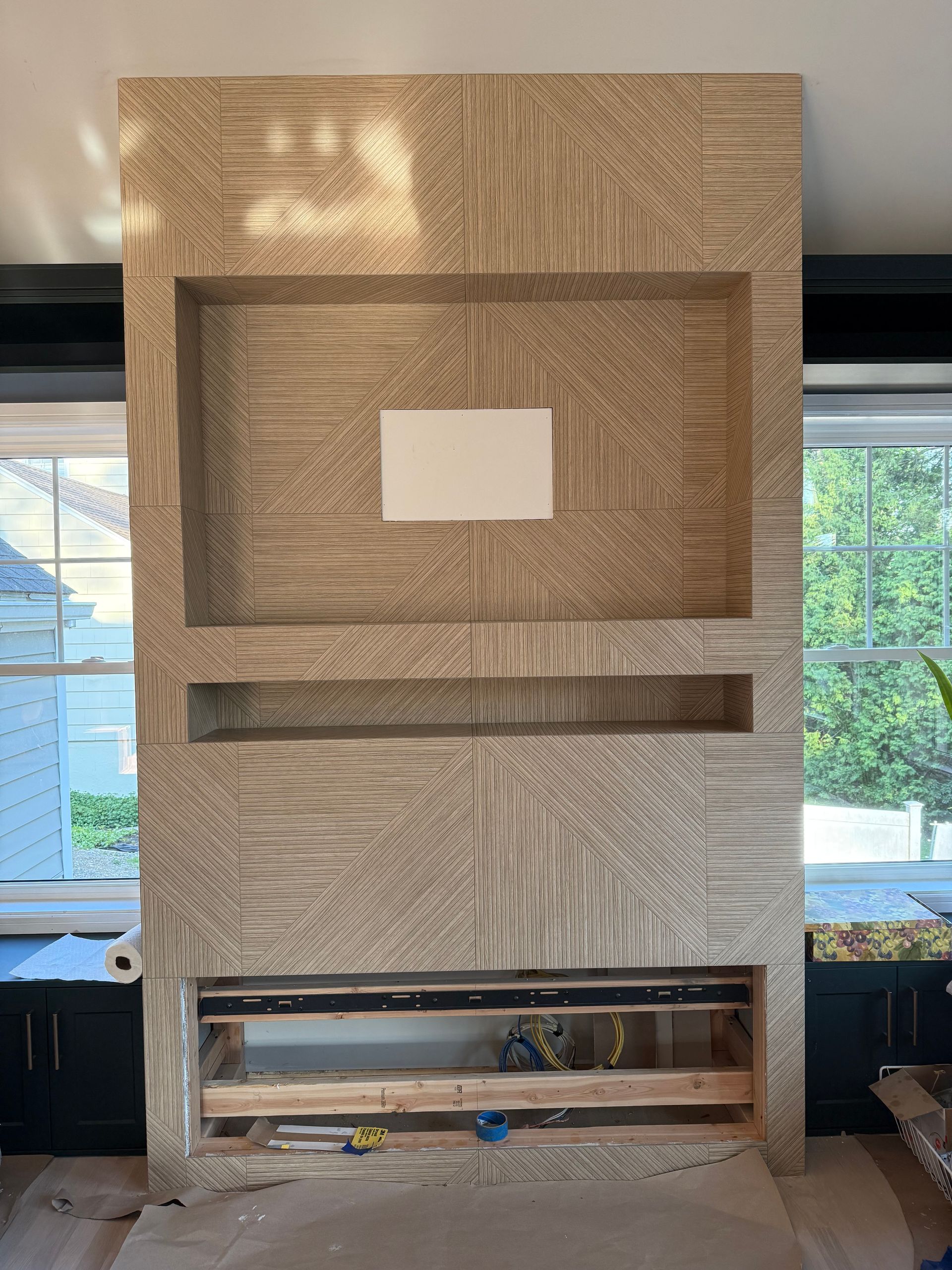 Wood look porcelain tile fireplace surround CT by Executive Homes LLC