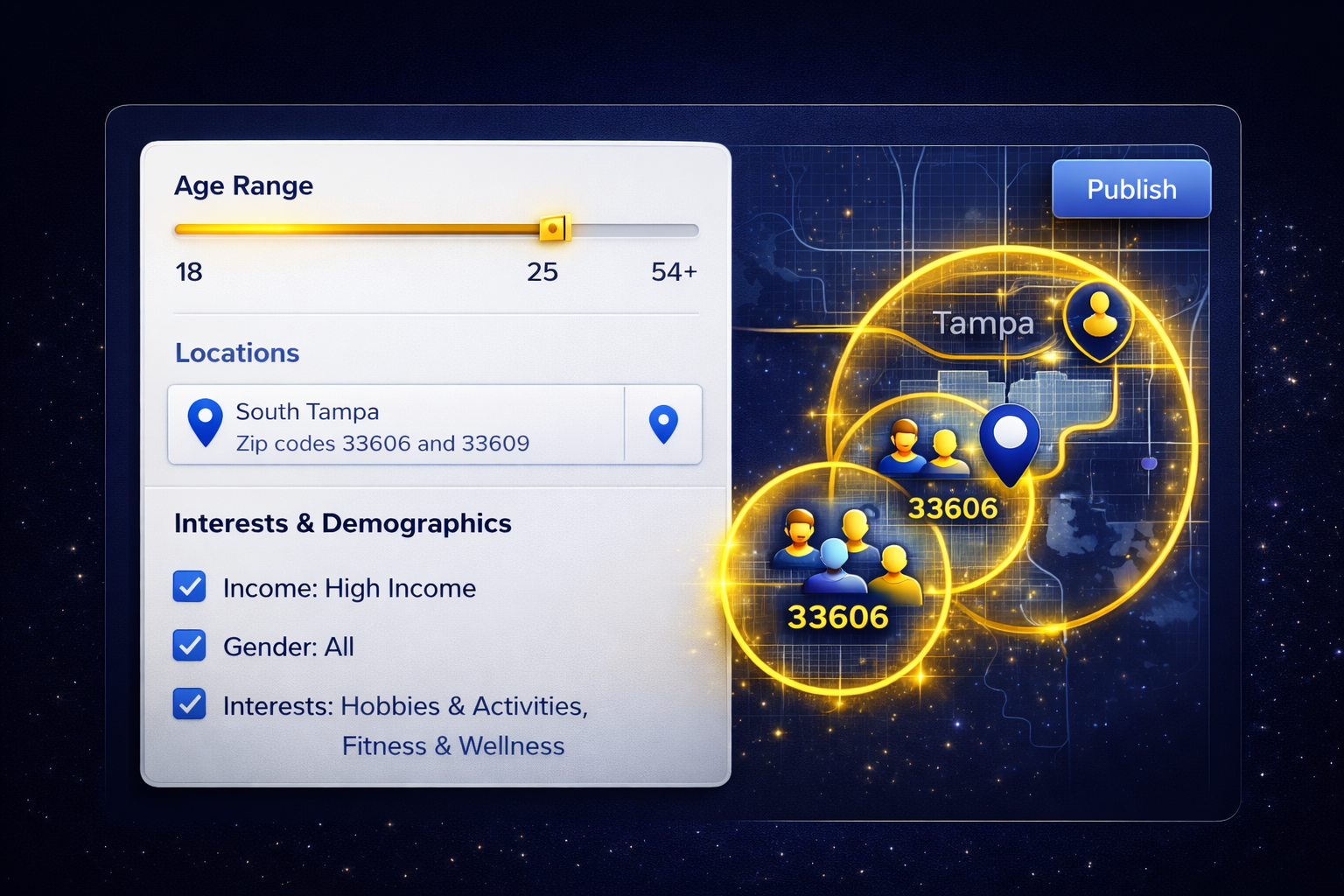 Dark blue analytics dashboard with age slider, location list, interests checkboxes, and glowing target map pins