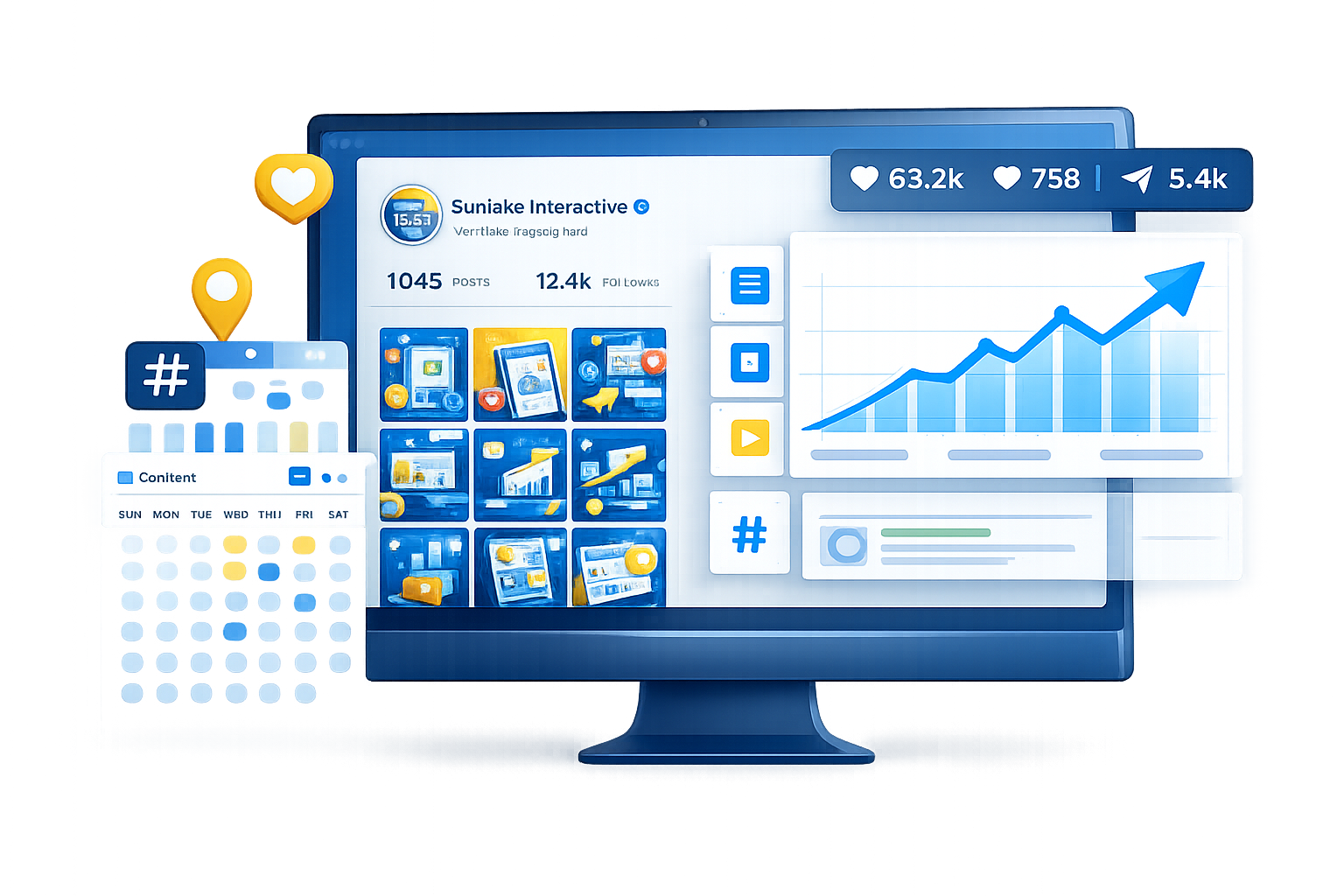 Analytics dashboard on a monitor with charts, app tiles, and an upward-trending graph in blue tones