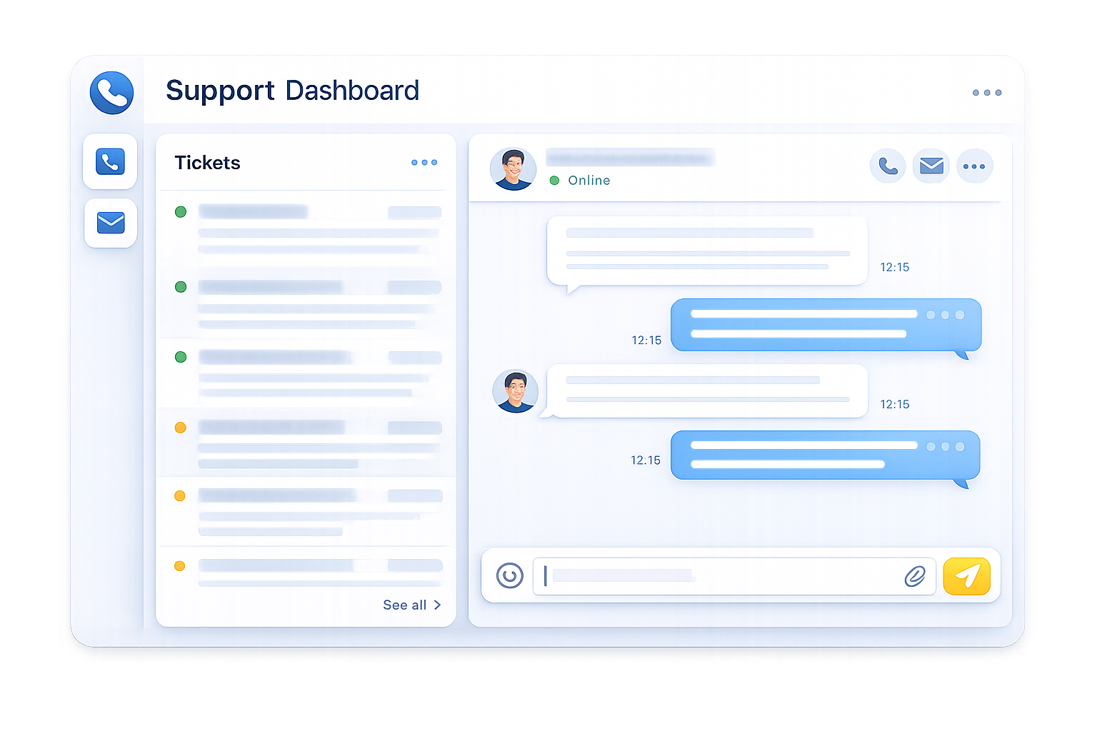 Support dashboard with ticket list and live chat conversation in a clean blue interface