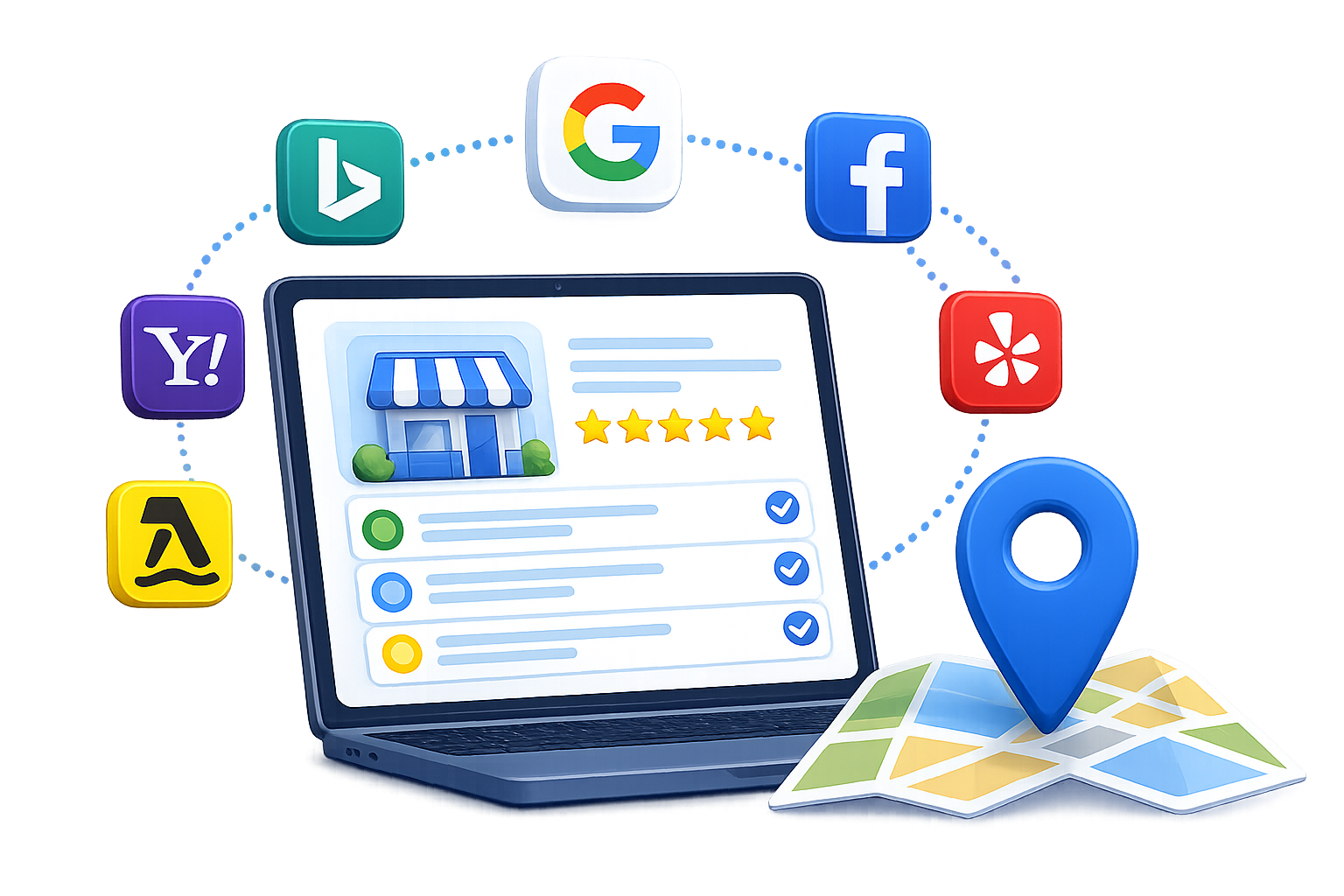 Laptop with a local business listing, map pin, and floating search/review icons around it