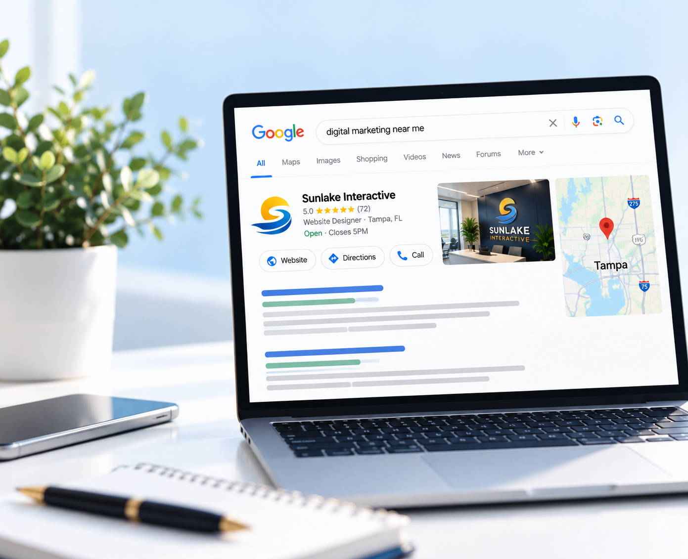 Google search results page showing a sponsored plumber ad for “Your Business Here” with service links.